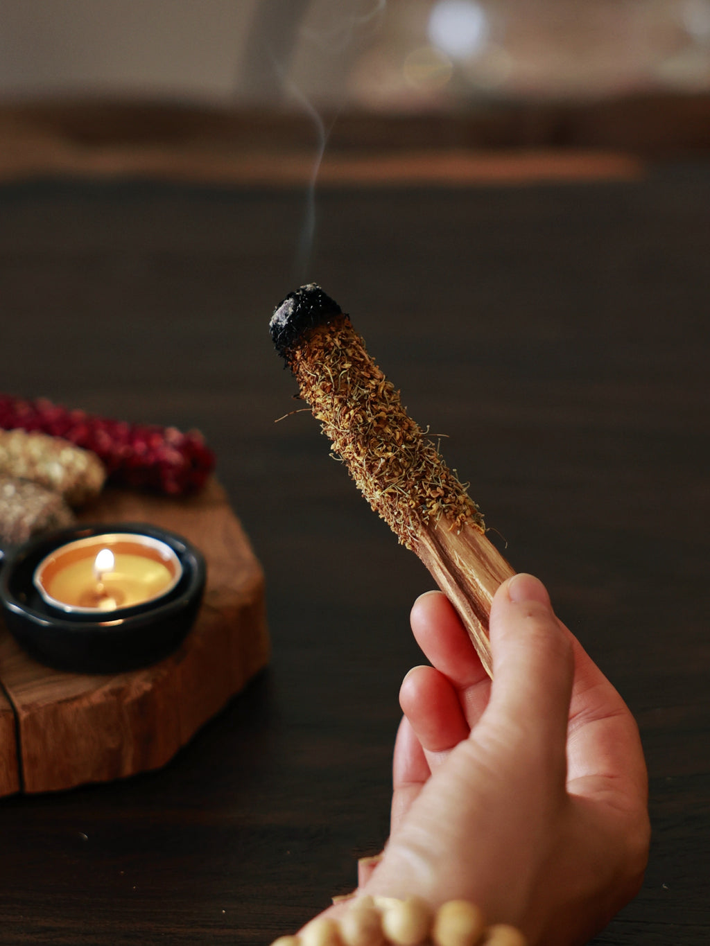 Smoldering customizable Floral Palo Santo stick creating a peaceful sanctuary for your nightly routine